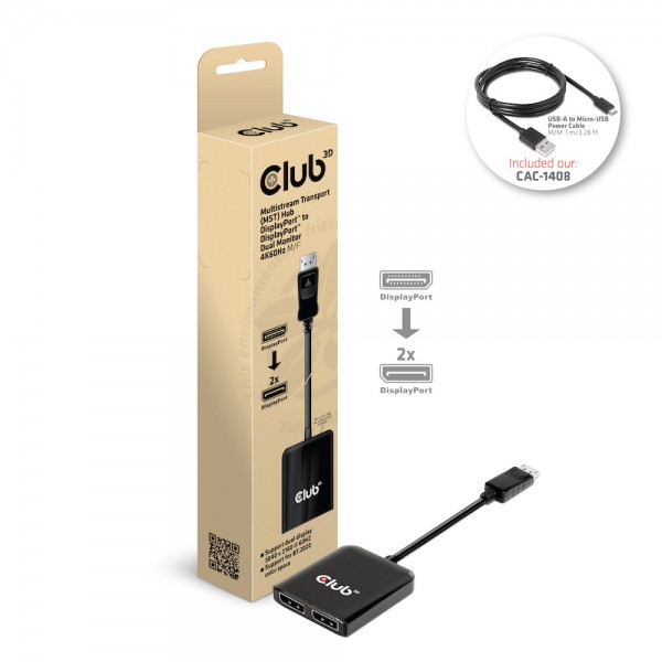 Club 3D Multi Stream Transport Hub 2x DisplayPort 1.4 Dual Monitor 4K60Hz