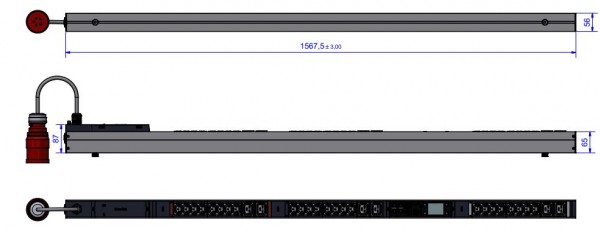 Bachmann PDU, Steckdosen, 24xDosen(C13)+ 6xC19 -&gt; Zuleitung 3m, 16A, mit Stecker CEE 3P 16A rot, BN3000 Gen2,