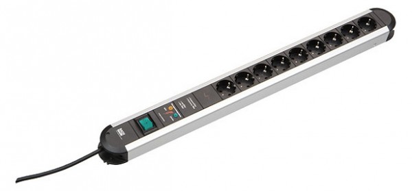 Bachmann Tischsteckdose, 9xDosen(CEE7)->Stecker(CEE7), 2m, Schalter, ÜSS/NF, PRIMO-CLASSIC-ALU,