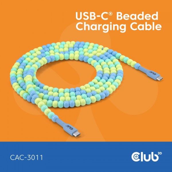 Kabel USB 2.0 C (St) =&gt; C (St) 2,0m *Club3D* - LIFESTYLE Perlen Kabel *blau*