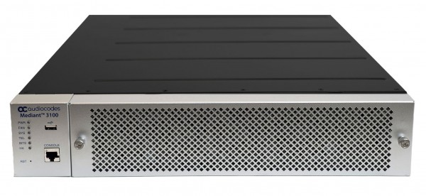 Audiocodes Mediant 3100 Hybrid SBC and Media Gateway with 8 E1/T1 interfaces (upgradeable to 16 E1/T1) and two AC power supplies.
