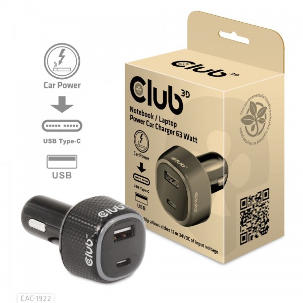 Club 3D Netzteil KFZ 2-fach 12V-24V 63W - 1x USB-A, 1x USB-C