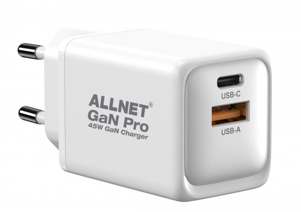 ALLNET Ersatznetzteil QC USB-C PD GaN Netzteil Power Supply 45 Watt 1x USB Typ-A QC, 1x USB Typ-C**EU PLUG**