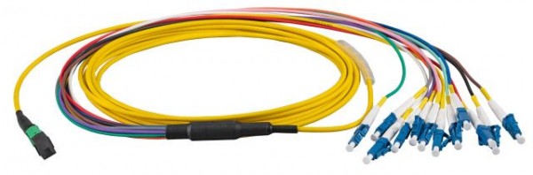 LWL-MTP®-Female-LC Patchkabel OS2 LowLoss, 12 Faser(Fanout,Pin1-12)-&gt; 6xLC duplex, 5m, 9/125u,
