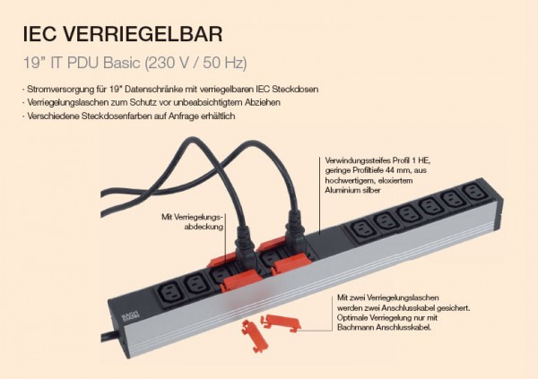 ALLNET 19"zbh. Steckdosenleiste,12xKaltgeräte(C13)->Stecker(CEE7), mit Verriegelungssystem, Bachmann,