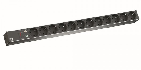 Bachmann Steckdosenleiste, 12xDosen(CEE7)->Stecker CEE7), 2m, ALU, 1HE, 608mm, 1xÜSS Strom, schwarz,