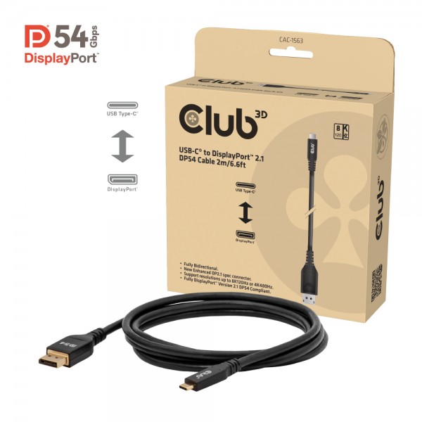 Kabel USB Typ C (St) =&gt; DisplayPort 2.1 DP54 Bidirektional 2,0m *Club 3D*