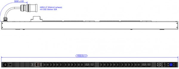 Bachmann PDU, Steckdosen, 24xDosen(C13)+ 4x(C19)+2xLS Strom 16A-> 1ph Zuleitung 3m mit Stecker CEE 32A blau, BN7500,