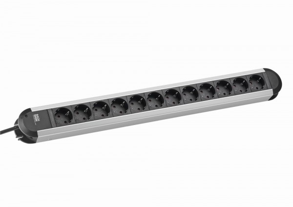 Bachmann Tischsteckdose,12xDosen(CEE7)->Stecker(CEE7), 2m, Alu/Schwarz,PRIMO-CLASSIC-ALU,
