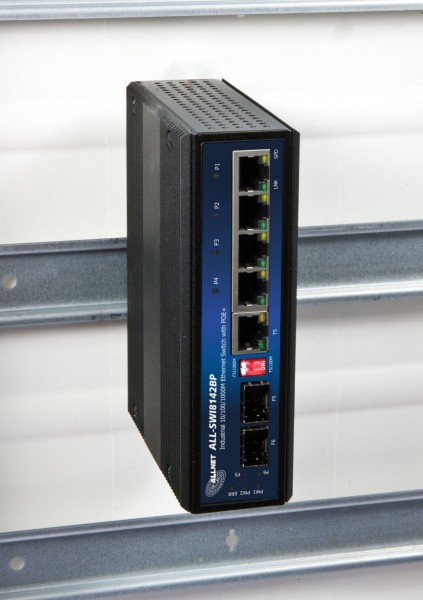 ALLNET Switch unmanaged industrial 4 Port Gigabit 126W / 4x PoE+ / 1x LAN / 1x SFP oder 1x SFP / DIN / Power Booster / &quot;ALL-SWI8142BP&quot;