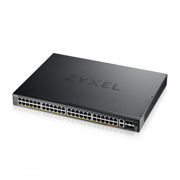 Zyxel Switch full managed Layer3 54 Port • 48x 1 GbE • PoE Budget 960 Watt • 40x PoE at • 10x PoE bt • 2x 10 GbE • 4x SFP+ • 19" • NebulaFlex Pro • XGS2220-54FP
