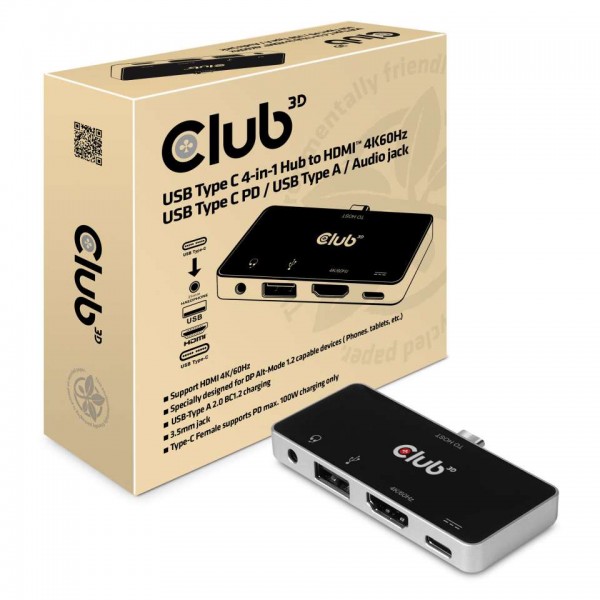 USB Hub Typ C =&gt; HDMI 4K60Hz, USB Typ C PD, USB Typ A, Audio Buchse *Club 3D*