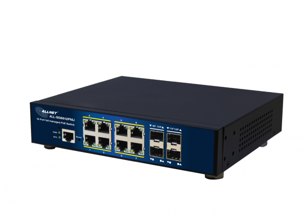 ALLNET Switch full managed Layer2+ 12 Port • 8x GbE • PoE Budget 300W • 8x PoE at • 4x SFP • 10&quot; &amp; 19&quot; • Lüfterlos • JSON API • ALL-SG8612PMJ