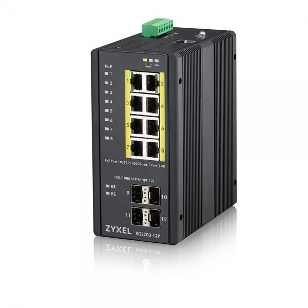 Zyxel Switch unmanaged Layer2 12 Port • 8x 1 GbE • PoE Budget 240 Watt • 8x PoE at • 4x SFP • Industrial • Lüfterlos • RGS200-12P