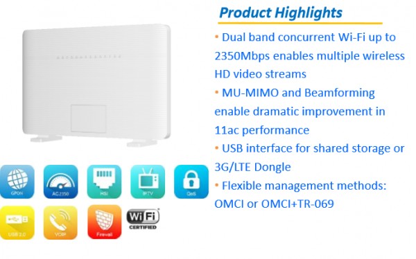 ZTE FTTH GPON F680 V9.0 Wi-Fi AC DualBand Gateway mit 1x GPON Eingang - 4x RJ-45 Gigabit - 2x RJ-11 VOIP und 2x USB Ports