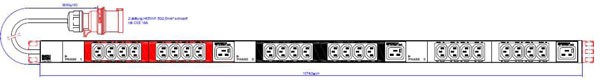Bachmann PDU, Steckdosen, 24xDosen(C13)+ 3x(C19) IEC Lock-> 3ph Zuleitung 3m, 16A, mit Stecker CEE 16A rot,
