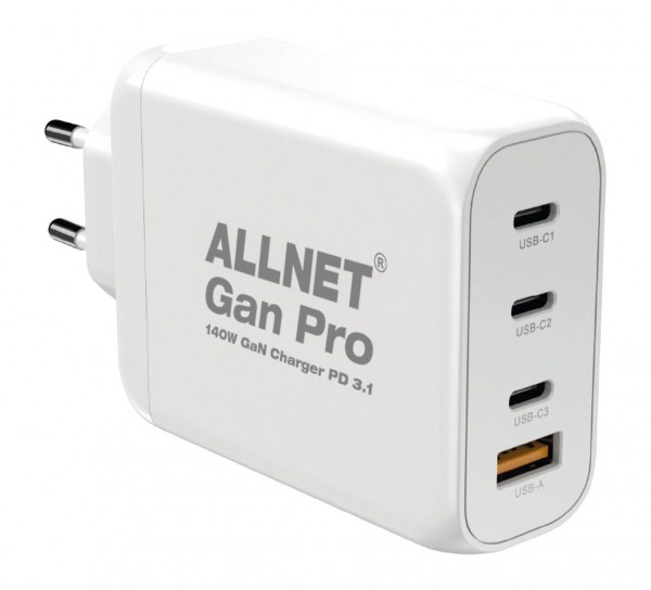 ALLNET Ersatznetzteil QC USB-C PD 3.1 GaN Netzteil Power Supply140Watt 1x USB Typ-A QC 3.0, 3x USB Typ-C**EU PLUG**