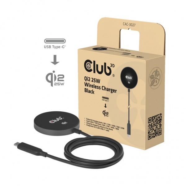 Club 3D Qi2 kabelloses Ladegerät 25 W - BK Qi 2.2 *schwarz*