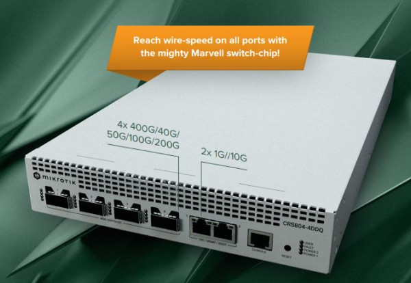 MikroTik Cloud Router Switch CRS804-4DDQ-hRM, 2x 10GB RJ45, 4x 400GB QSFP56, Hot-Swap, Rackmount