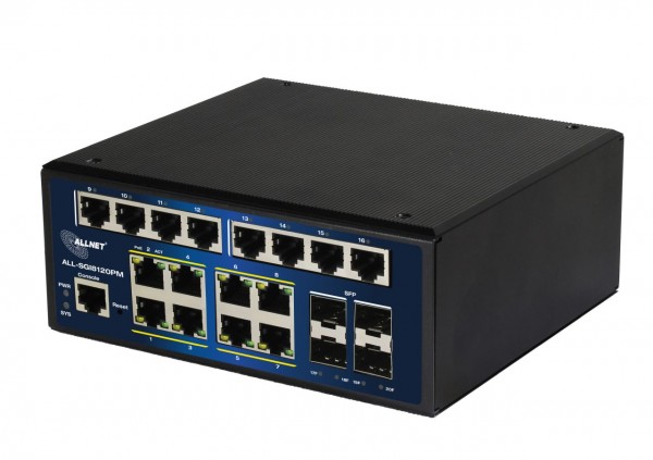 ALLNET Switch industrial full managed Layer2+ 20 Port GbE • PoE Budget 240W • 8x PoE at • 8x GbE • 4x SFP • DIN • Lüfterlos • ALL-SGI8120PM