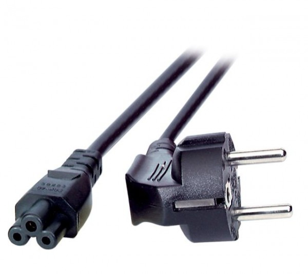 Netzkabel 230V Schutzkontakt CEE7(Stecker)-&gt;C5(Buchse), 3m, Black, (Kleeblatt,Mickymaus)