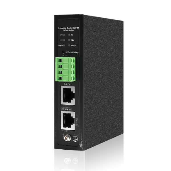 ALLNET PoE Splitter/Extractor industrial • 1x GbE PoE BT IN • 1x GbE PoE Out • 5V/9V/12V/24V adjustable • DIN-Rail • ALL-PSI104G-BT90-PD